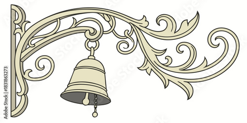 Golden baroque corner element featuring a single large dangling bell attached to a metalwork-style scroll bracket on a white background