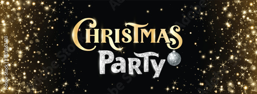 Christmas party horizontal poster with black background, golden title, silver glitter lettering and festive sparkles. Perfect for website headers, promo banners and event advertising layouts.