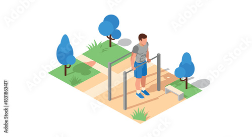 Outdoor fitness training on parallel bars in isometric park scene