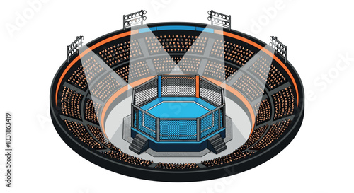 Isometric mma cage in large stadium with spotlights and audience