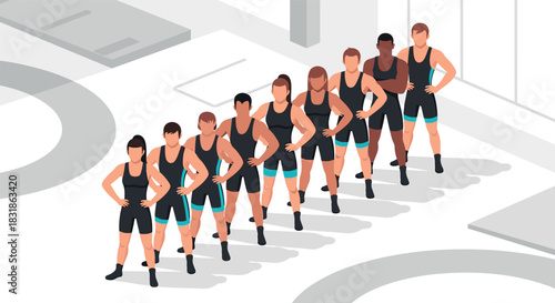 Isometric team of athletes training together in gym environment