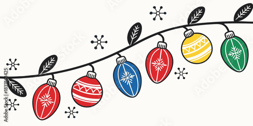 Straight border created with colorful Christmas tree baubles placed in one line with even spacing, isolated on white background.