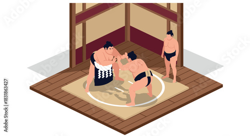 Traditional sumo wrestling match in dojo with isometric design