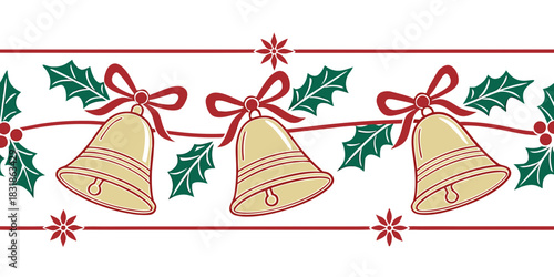 Straight horizontal border of evenly spaced golden bells aligned in a clean line, simple festive layout, white background
