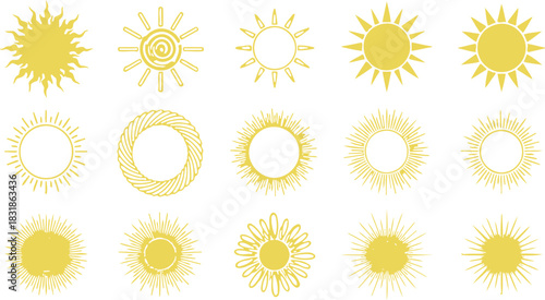 A cheerful and vibrant collection of diverse sun vector illustrations, featuring various artistic styles for summer-themed projects, graphic design assets, and decorative elements