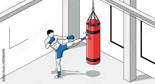 Isometric kickboxer training with punching bag in minimalist gym setting