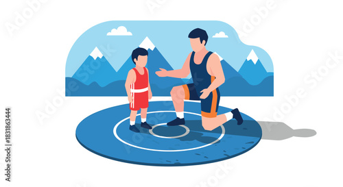 Mentor and young wrestler on mat with mountain background in flat style