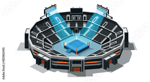 Isometric indoor arena with boxing ring and stadium lights