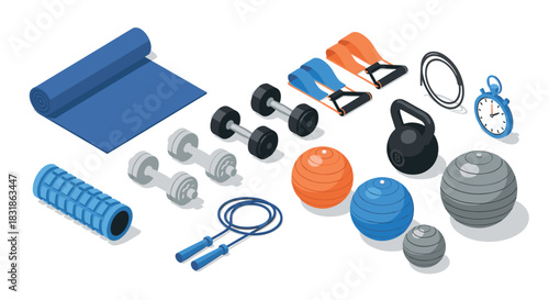 Isometric home gym equipment set with dumbbells, kettlebell, and yoga mat for fitness training