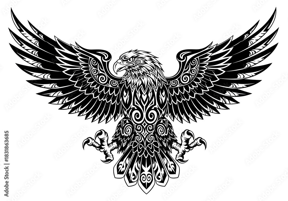 Fototapeta premium Majestic Eagle with Intricate Tribal Tattoo Design in Black and White.