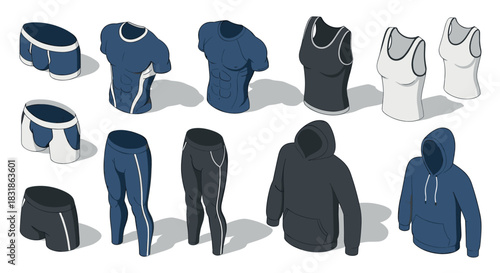 Sportswear collection with isometric designs featuring t-shirts, pants, hoodies, and tank tops in blue and gray