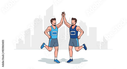 Cheerful two athletes high five in urban setting with skyline backdrop