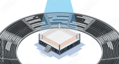 Isometric boxing ring in empty arena with spotlight