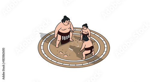 Sumo wrestlers in traditional fight ring isometric art