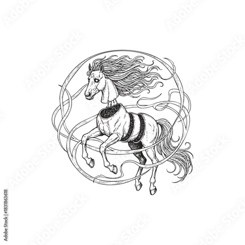 vector illustration of a fantasy horse rearing inside a circular, flowing frame. The surreal design features a disconnected horse body with exposed textures