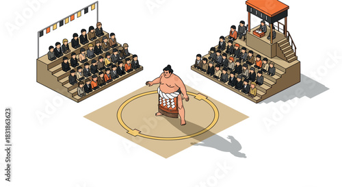 Isometric sumo wrestling match in traditional arena with audience