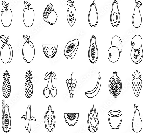 Set of 28 healthy and exotic fresh fruits vector line icons, featuring apple, banana, watermelon, kiwi, avocado, pineapple, and papaya for food, market, and nutrition-related design projects.