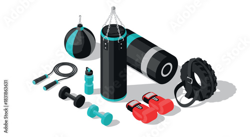 Isometric fitness equipment set with boxing and gym accessories in modern style