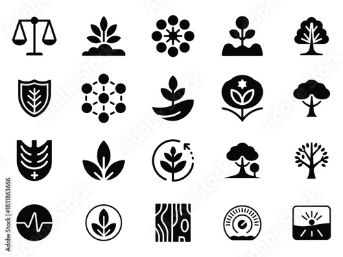 Set of eco plant, tree and growth icons featuring susta