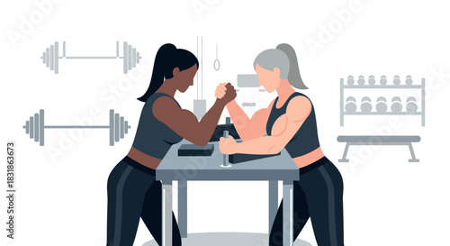 Diverse women arm wrestling in gym with modern fitness equipment