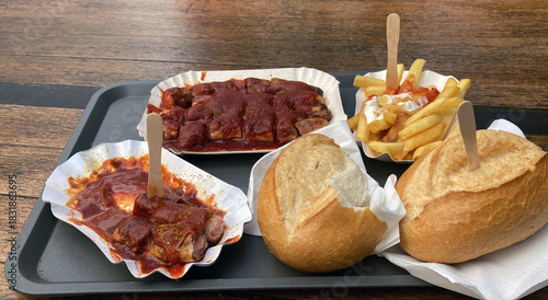 big portion of currywurst
