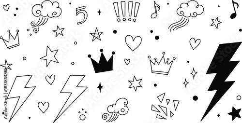 Black and white doodle elements including stars, crowns, lightning bolts, clouds, hearts, musical notes, and exclamation points