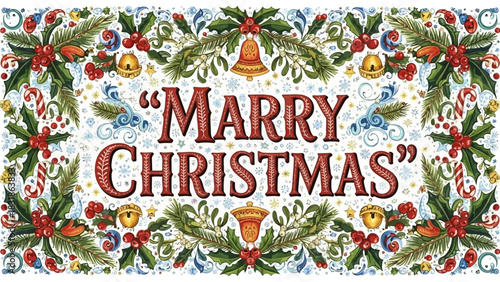 Festive Merry Christmas message surrounded by holly, bells, and candy canes for holiday designs