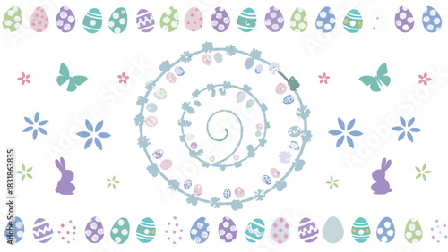 A whimsical easter celebration with a spiral of colorful decorated eggs cute bunnies butterflies and delicate flowers on a clean white background