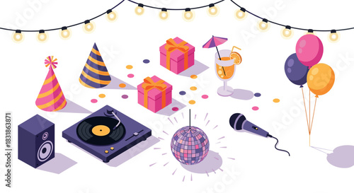 Colorful party elements in festive isometric design with gifts and decorations