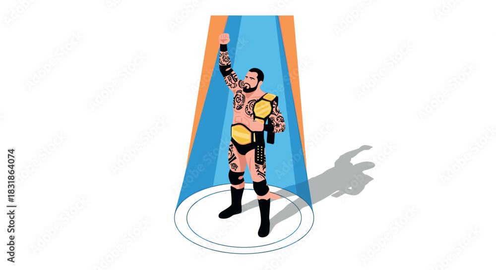 Fototapeta premium Champion wrestler celebrating victory in spotlight with championship belt