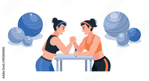 Women arm wrestling with fitness background in flat design