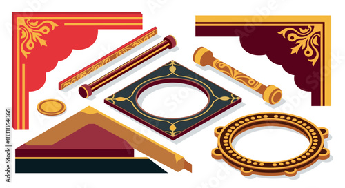 Elegant decorative borders and frames in isometric style