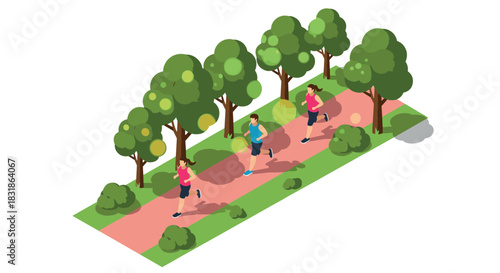 Isometric park scene with joggers running on a tree-lined path