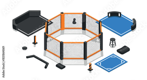Isometric mma cage and equipment set with boxing ring and sports gear