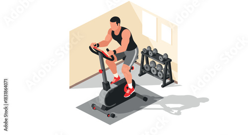 Isometric gym scene with man on exercise bike and dumbbells