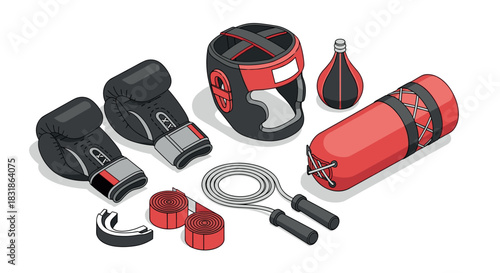 Isometric boxing equipment set: gloves, headgear, and training accessories