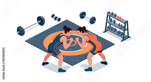 Women arm wrestling in gym with dumbbells and barbell weights