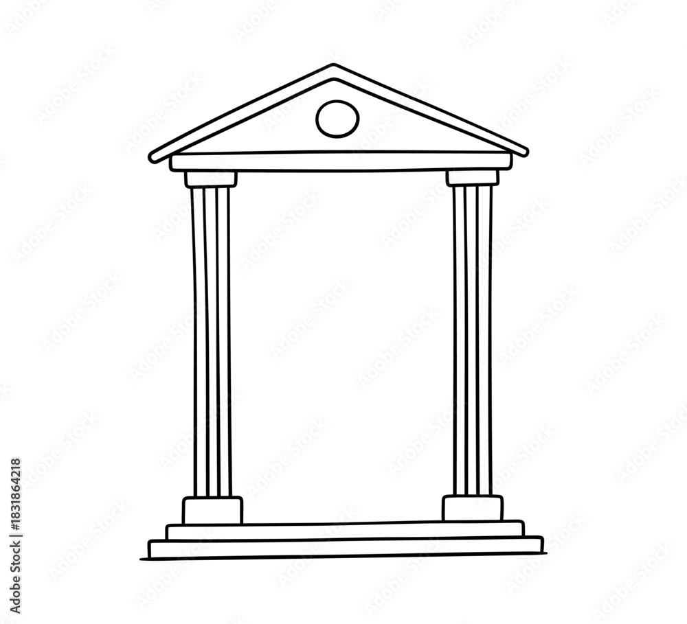 Fototapeta premium Antique Greek museum doodle frame. Hand drawn Roman pillar and Greek column. Ancient museum doodle icon. Hand drawn line border and frame. Vector illustration isolated on white background.