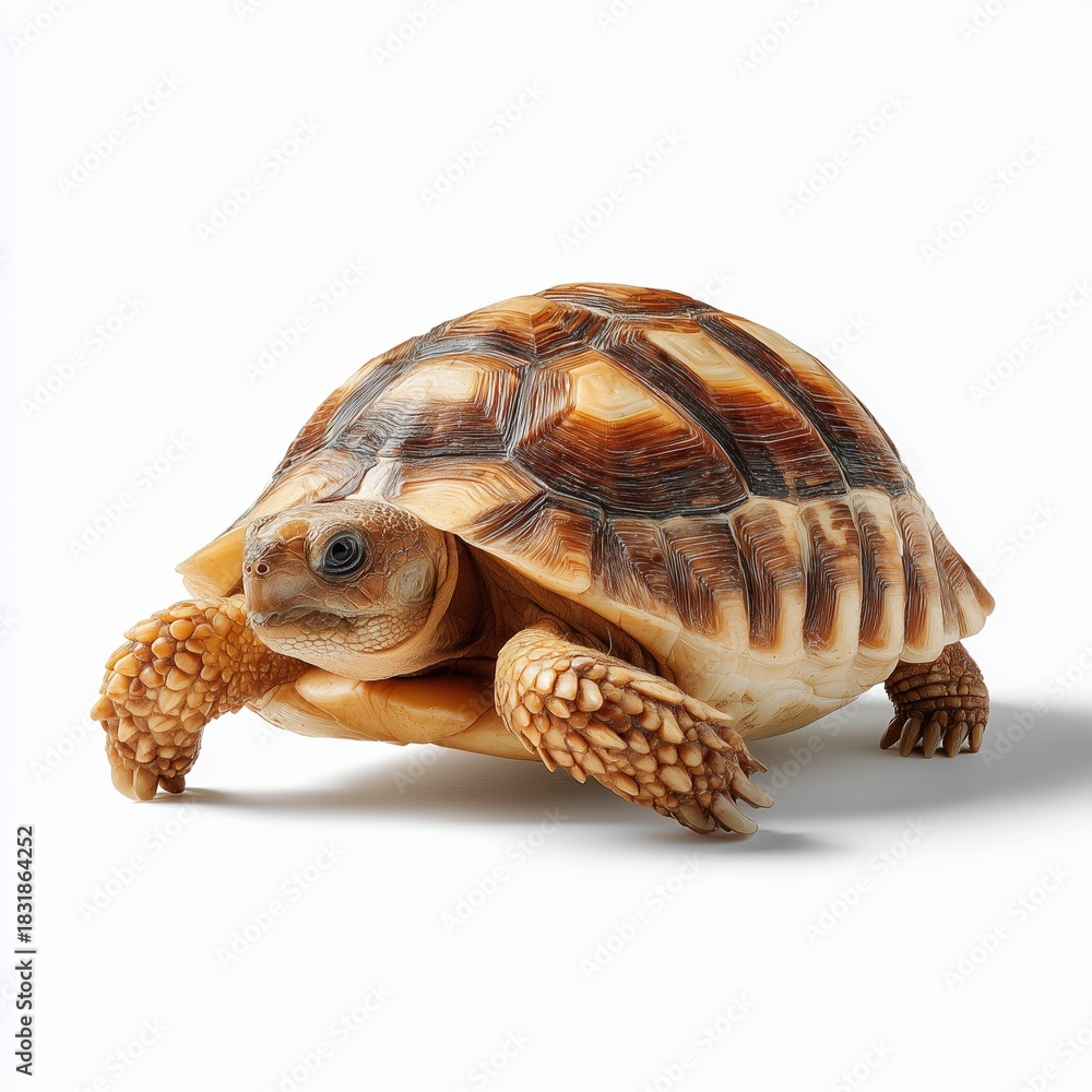 Obraz premium Tortoise walking on a white surface, showcasing its unique shell patterns and textures