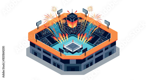 Isometric wrestling arena with fireworks and stadium lights