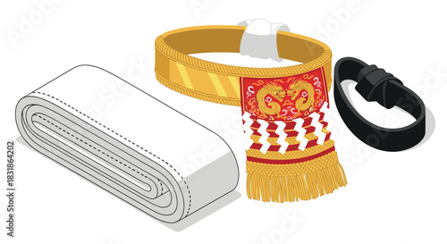 Martial arts belts with traditional and modern designs in isometric style