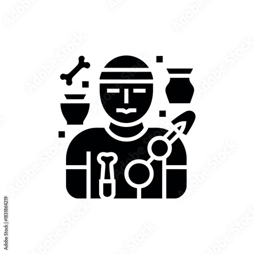 Black Silhouette of a Scientist with bone, cup, chemical test tube, jar Icon
