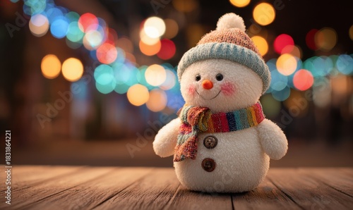 A cute snowman toy with a colorful scarf and hat sits on a wooden surface. Bright, blurred lights twinkle in the background.