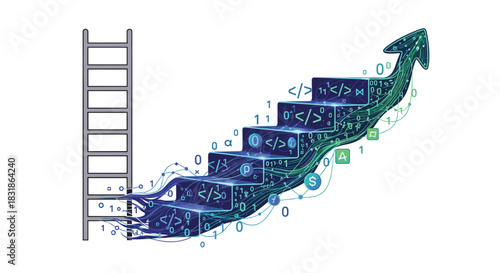 Digital Staircase of Success with Coding Elements and Arrow.