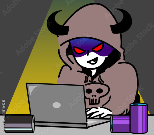 パソコンでハッキングする怪しげなサイバー犯罪に手をそめるハッカーのベクターイラスト