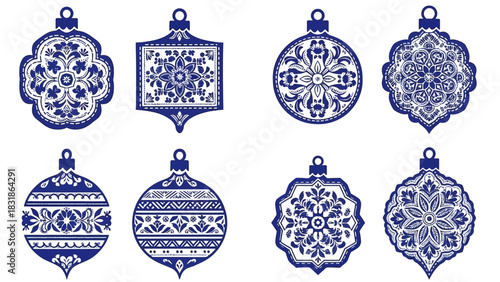 Elegant Christmas ornaments with intricate Delftware style design for a sophisticated holiday season celebration