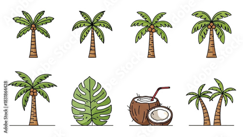 Tropical island elements icon set with palm trees, monstera leaf, and coconut
