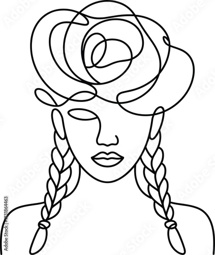 Fashionable cartoon drawing of a beautiful woman with a hat, showcasing her face, hair, and stylish profile silhouette