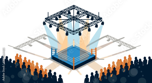 Isometric boxing ring with illuminated arena and silhouette crowd scene