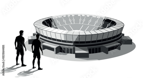 Monochrome silhouette of large architectural arena with two figures for sports events
